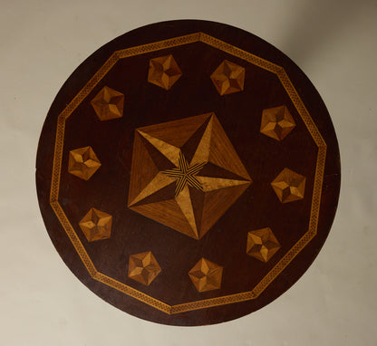 ANTIQUE HARDWOOD PEDESTAL TABLE WITH STAR INLAY