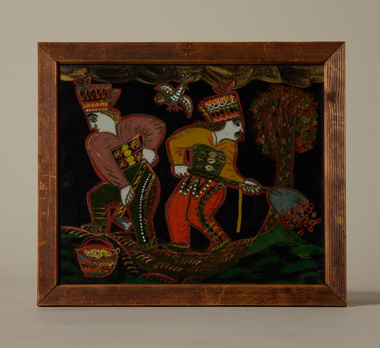 MID CENTURY FOLK ART PAINTING ON GLASS I