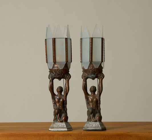 PAIR OF 1930S ART DECO BRONZE JOAN OF ARC TABLE LAMPS
