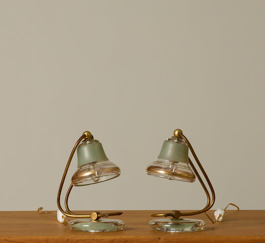 PAIR OF 1970S ITALIAN GLASS AND BRASS LAMPS