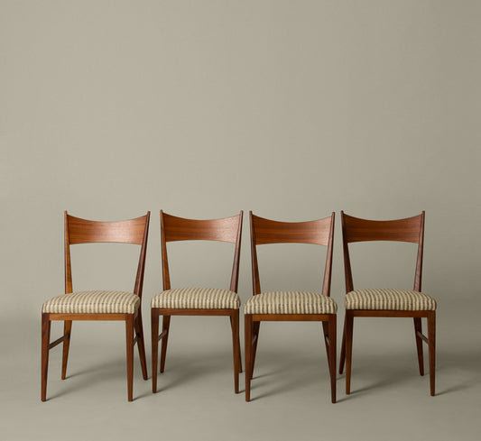 SET OF 4 PAUL MCCOBB DINING CHAIRS IN TEAK AND RAW SILK TUXEDO STRIPE