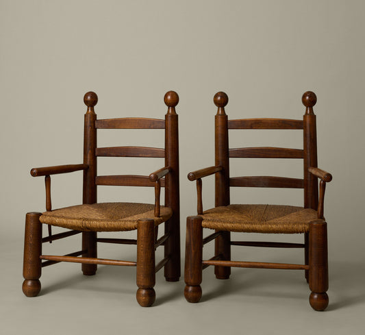 PAIR OF 1940S FRENCH TURNED WOOD AND RUSH ARM CHAIRS BY CHARLES DUDOUYT