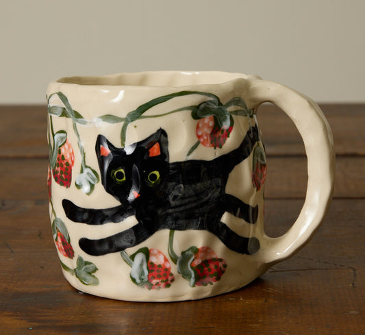 SAVKA CLAY COFFEE MUG WITH STRAWBERRIES AND CATS