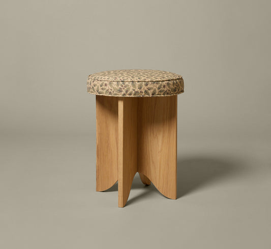 PIERCE & WARD LLOYD SIDE STOOL IN HONEY OAK AND BENNISON OAK LEAF LINEN