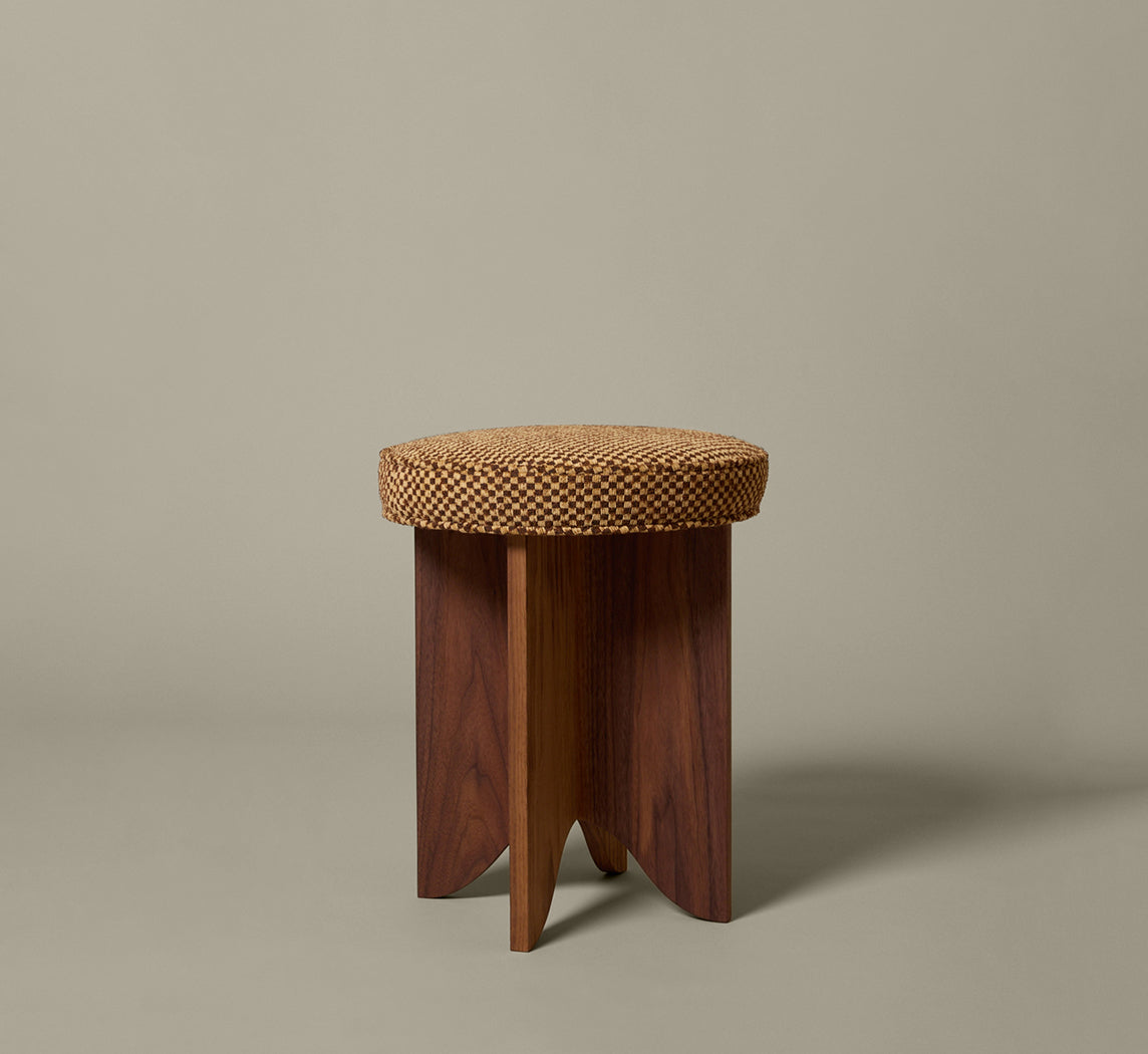 PIERCE & WARD LLOYD SIDE STOOL IN WALNUT AND TAWNY AND CREAM DELUCA CHECK