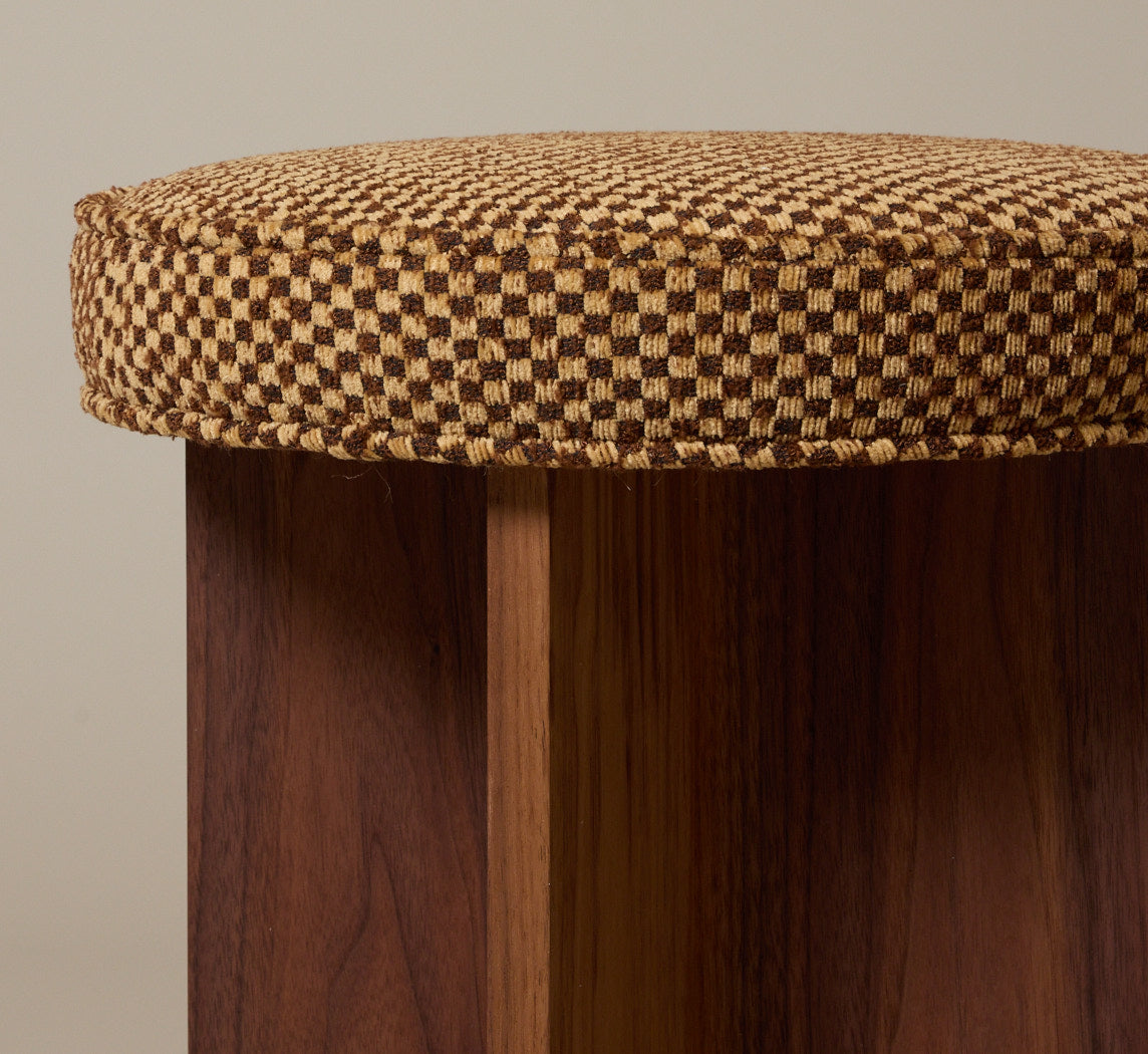 PIERCE & WARD LLOYD SIDE STOOL IN WALNUT AND TAWNY AND CREAM DELUCA CHECK