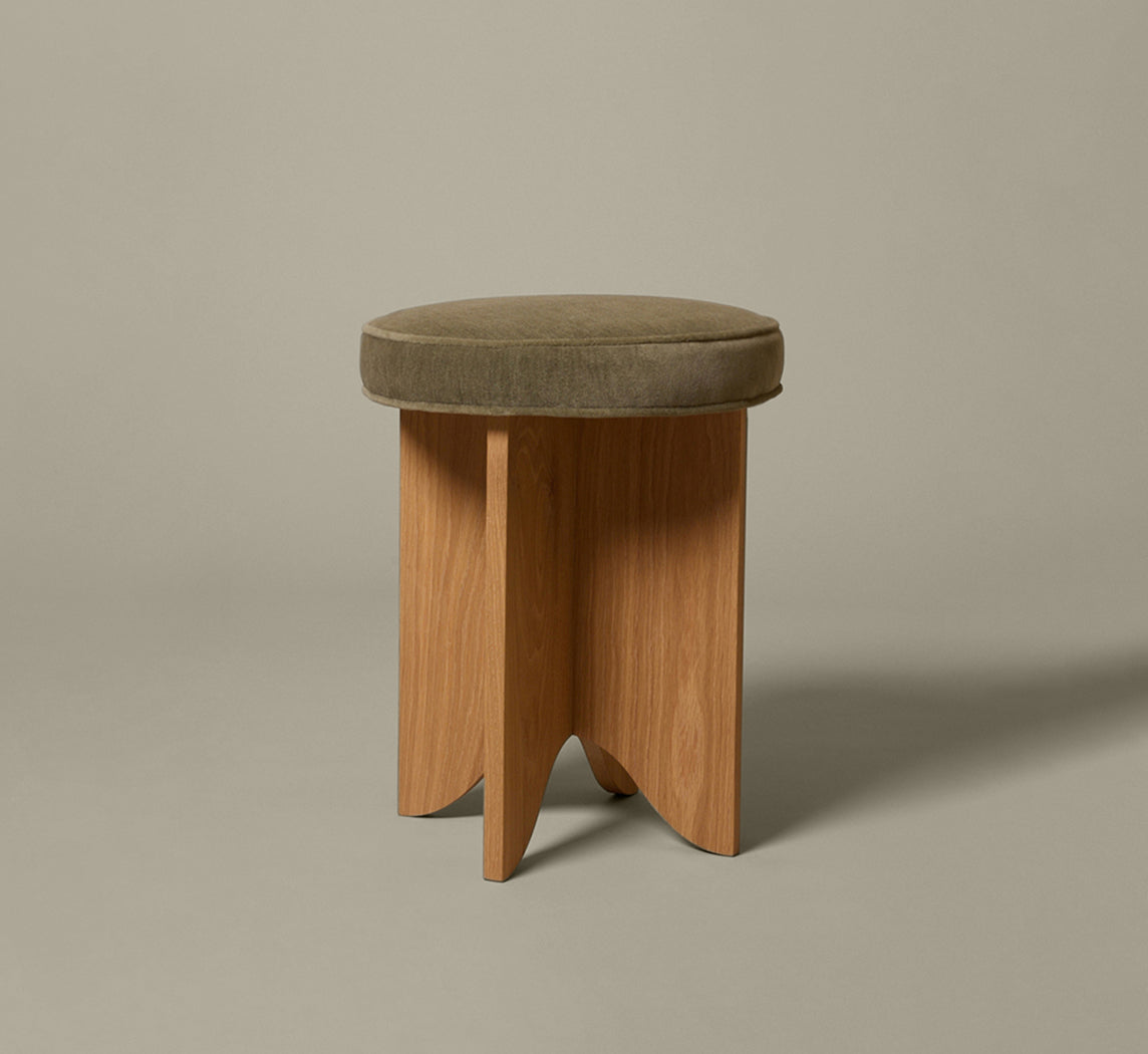 PIERCE & WARD LLOYD SIDE STOOL IN HONEY OAK AND SOFT GREEN MOHAIR