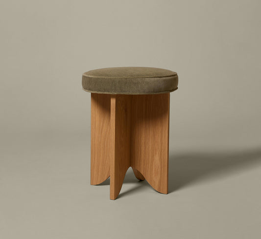 PIERCE & WARD LLOYD SIDE STOOL IN HONEY OAK AND SOFT GREEN MOHAIR