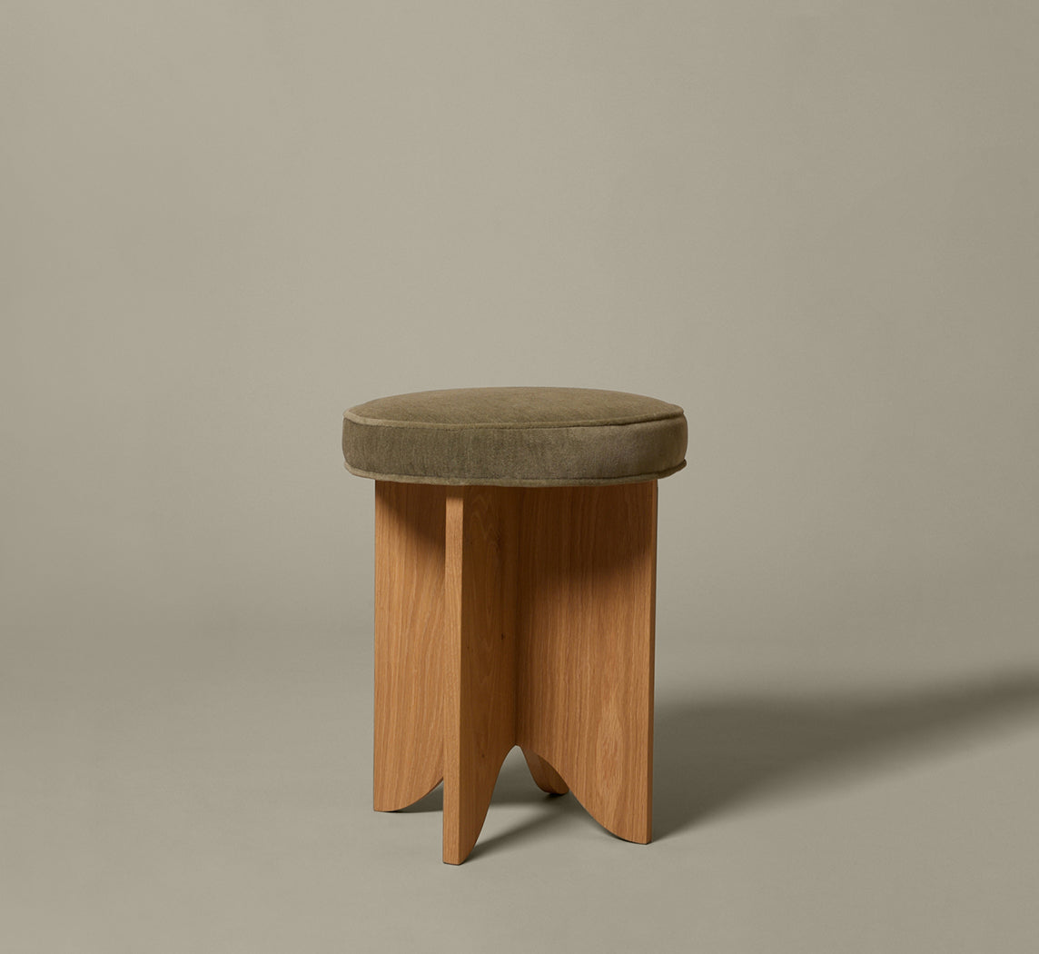 PIERCE & WARD LLOYD SIDE STOOL IN HONEY OAK AND SOFT GREEN MOHAIR