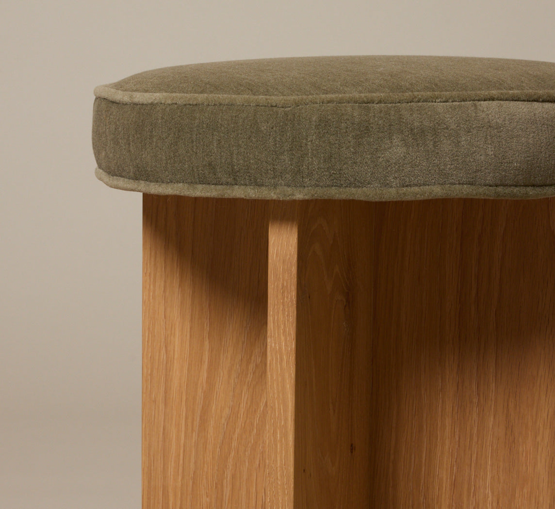 PIERCE & WARD LLOYD SIDE STOOL IN HONEY OAK AND SOFT GREEN MOHAIR