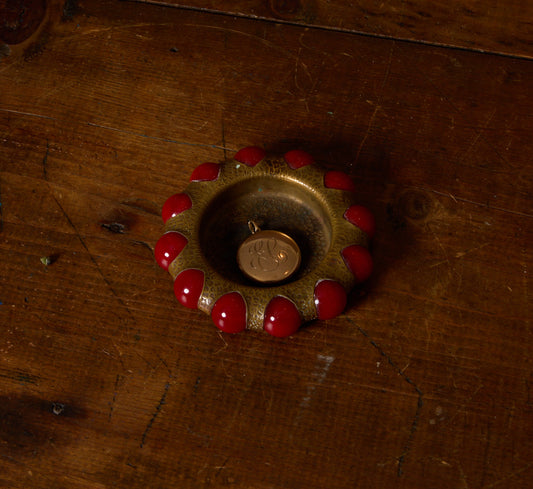 PATINATED BRASS FISHER JEWEL TRAY WITH RED MARBLE