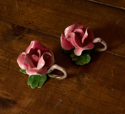 PAIR OF VINTAGE ITALIAN PORCELAIN PINK ROSE CANDLESTICK HOLDERS