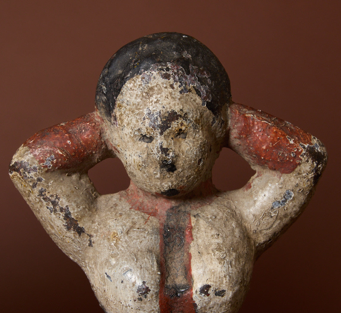 19TH CENTURY CAST IRON PAINTED "NAUGHTY NELLIE" FIGURINE