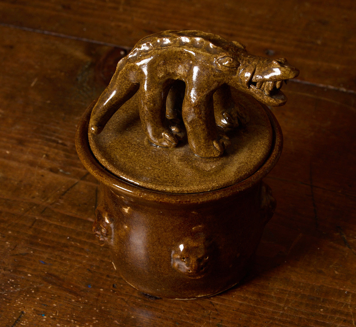 FOLK ART STUDIO POTTERY JAR WITH CROCODILE LID