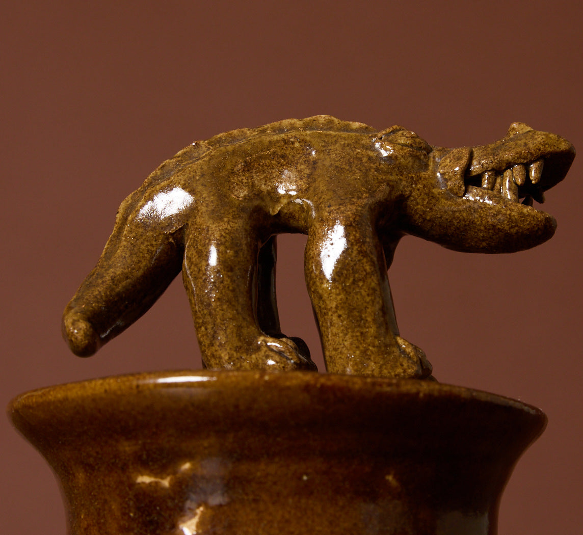 FOLK ART STUDIO POTTERY JAR WITH CROCODILE LID