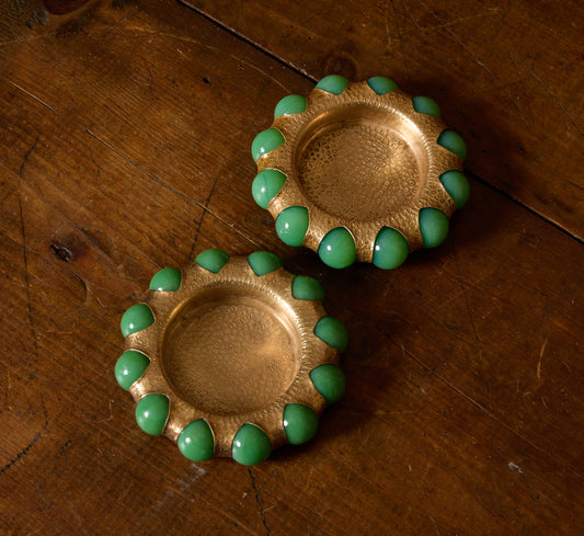 PAIR OF VINTAGE BRASS FISHER JEWEL TRAYS WITH JADE MARBLE