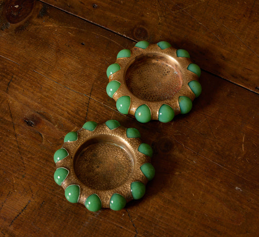 PAIR OF PATINATED FISHER JEWELRY TRAYS WITH HAMMERED BRASS AND JADE MARBLE