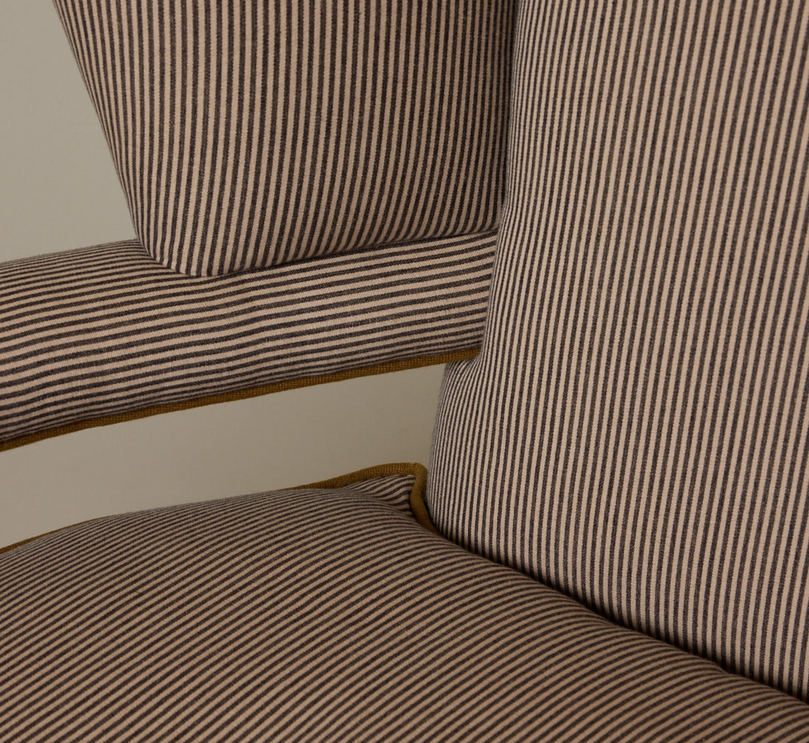 THE PIERCE & WARD BALLERINA CHAIR IN ESSEX STRIPE WITH MUSTARD OLIVE PIPING
