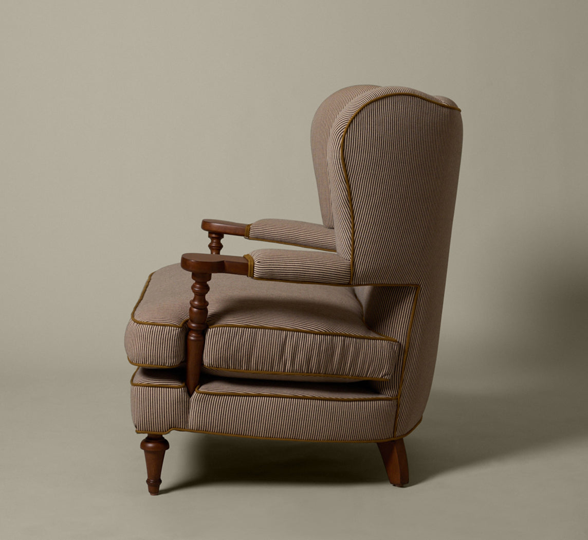 THE PIERCE & WARD BALLERINA CHAIR IN ESSEX STRIPE WITH MUSTARD OLIVE PIPING