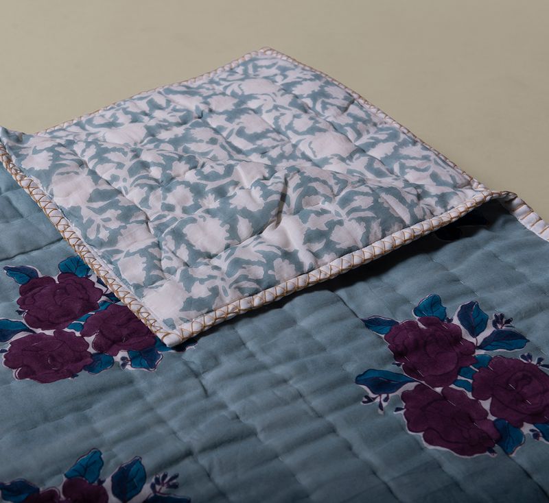 SARA  HAND BLOCK-PRINTED REVERSIBLE QUILT IN DENIM BLUE (QUEEN/KING)