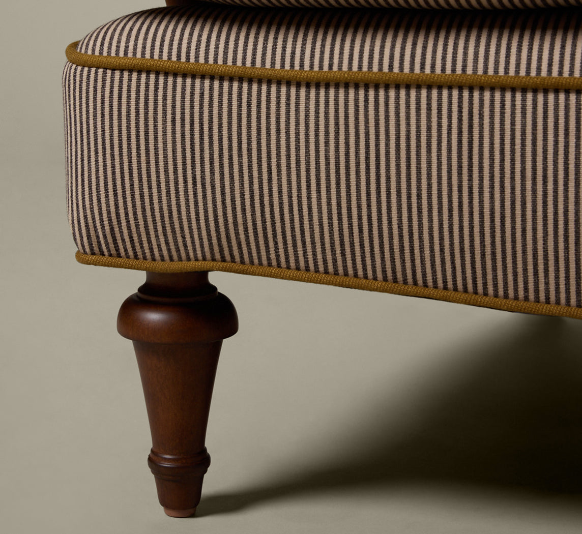 THE PIERCE & WARD BALLERINA CHAIR IN ESSEX STRIPE WITH MUSTARD OLIVE PIPING