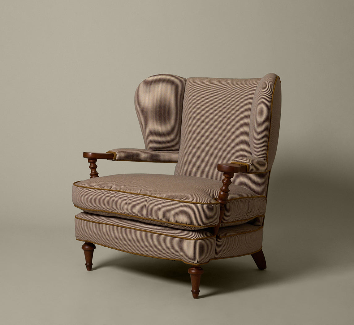 THE PIERCE & WARD BALLERINA CHAIR IN ESSEX STRIPE WITH MUSTARD OLIVE PIPING