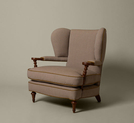 THE PIERCE & WARD BALLERINA CHAIR IN ESSEX STRIPE WITH MUSTARD OLIVE PIPING