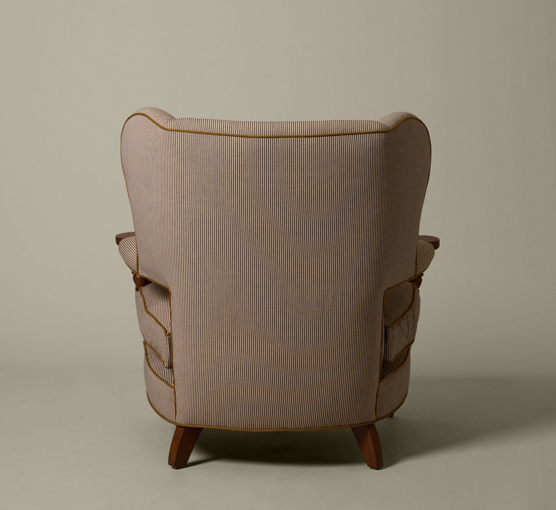 THE PIERCE & WARD BALLERINA CHAIR IN ESSEX STRIPE WITH MUSTARD OLIVE PIPING