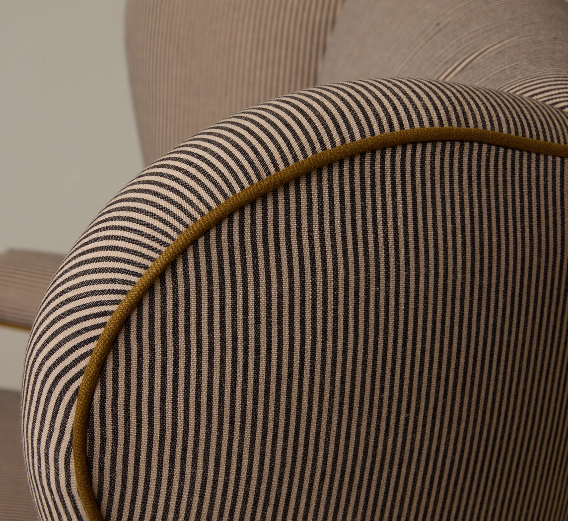 THE PIERCE & WARD BALLERINA CHAIR IN ESSEX STRIPE WITH MUSTARD OLIVE PIPING